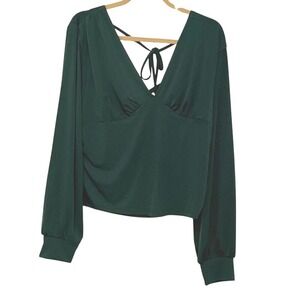No Boundaries Green Long Sleeve Tie Back Blouse V-Neck Top Ruched Plus Size 3X